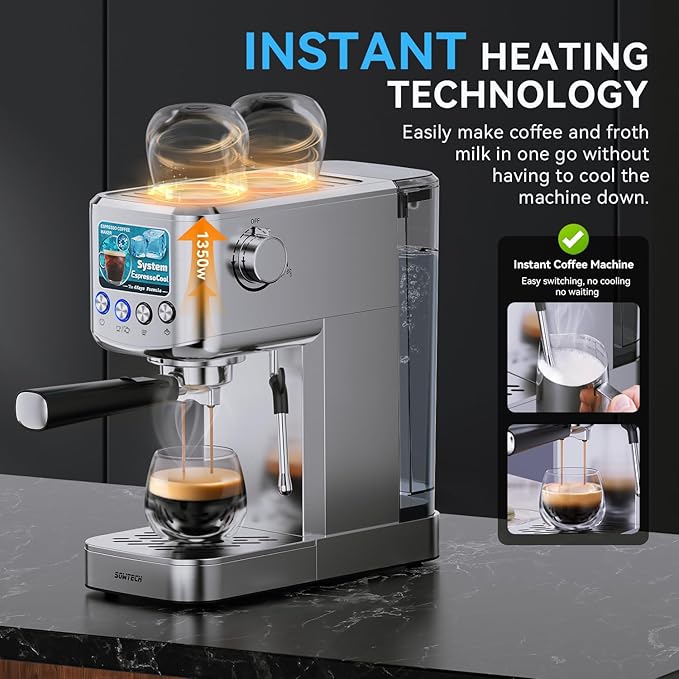SOWTECH Espresso Machine 20 Bar, Compact Espresso Maker with Milk Frother, Stainless Steel Coffee Machine with 42 oz Water Tank for Cappuccino, Latte&Cold Brew, Home&Office, Silver