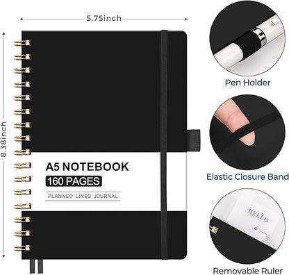 AHGXG Spiral Journal Notebook, 160 Lined Pages, A5 Medium Size (5.7'' x 8.3''), for Men & Women, Journaling, Writing, Work & Office, Hardcover, 100 GSM Thick Paper (Black)