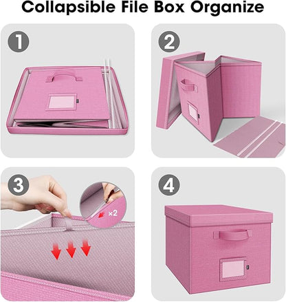 File Organizer Boxes with Lid, Linen Hanging File Storage Boxes with Handle, Collapsible Document Filling Boxes for Letter/Legal Folder, Portable File Box for Office/Decor/Home (2 Pack, Pink)