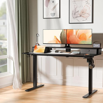 Electric Standing Desk with 2 Drawers 55''x 24'' Adjustable Height Sit to Stand Up Desk with Storage Shelf, C-Clamp Mount Compatible Black Home Office Desks Computer Gaming Table Ergonomic Workstation