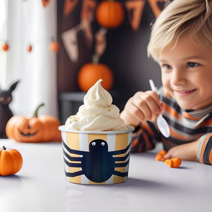 Paper Ice Cream Cups, 50-Count 9-Oz Disposable Dessert Bowls for Hot or Cold Food, 9-Ounce Halloween Party Supplies Treat Cups, Spider