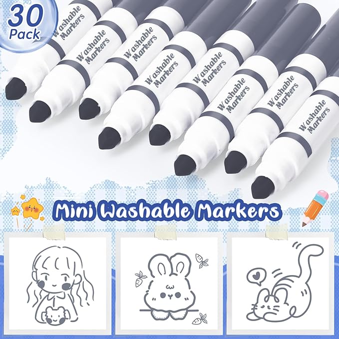 Janlaugh 30 Pcs Mini Washable Markers Bulk Broad Line Conical Tip Washable Mark Pen Set Short Coloring Paint Pen for Kid Art Projects Teacher Student Toddler Party Favors Classroom, Ages 6+(Gray)