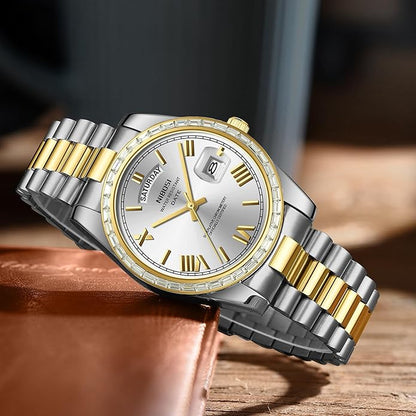 NIBOSI Men's Watches Analog Quartz Diamond Bezel Stainless Steel Dial Rose Gold Silver Watches for Men Waterproof Business Classic Dress Wrist Watch with Day Date