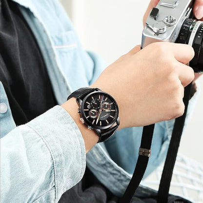 CRRJU Men's Business Casual Chronograph Quartz Waterproof Wristwatch Black Leather Strap