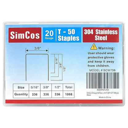 20 Gauge 304 Stainless Steel T/50 Staples - 3/8" Crown Upholstery Staples, 1/4"~9/16" Leg Length, 1008 Counts, Compatible with Staple Gun & T-50 Stapler (5/16"+3/8"+1/2"-1008 pcs)