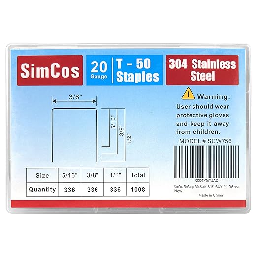 20 Gauge 304 Stainless Steel T/50 Staples - 3/8" Crown Upholstery Staples, 1/4"~9/16" Leg Length, 1008 Counts, Compatible with Staple Gun & T-50 Stapler (5/16"+3/8"+1/2"-1008 pcs)