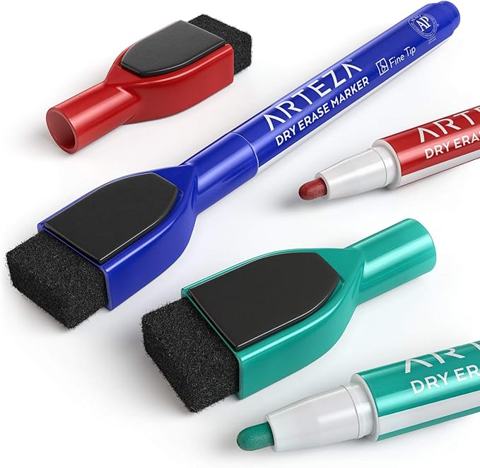 ARTEZA Magnetic Dry Erase Markers with Eraser, Bulk Pack of 60, Fine Tip, 4 Assorted Colors with Low-Odor Ink, Whiteboard Pens, School and Office Supplies