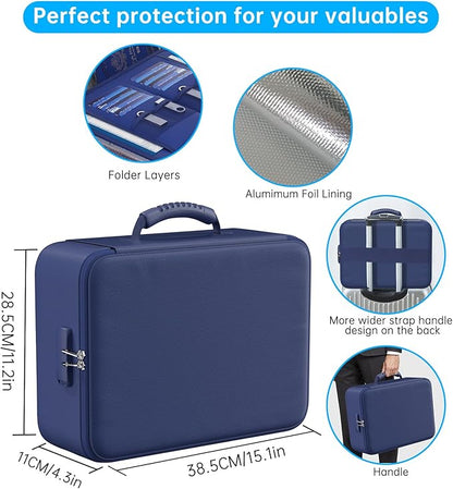 ENGPOW 5200°F Fireproof Document Bag with Lock, Upgraded Heat Insulated Fireproof＆Waterproof Box 8 Layers Document Organizer, Portable Home Travel Safe Storage Box for Important Files, Laptop, Blue