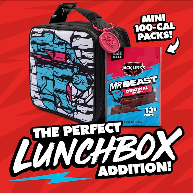 Jack Link’s x MrBeast Original Beef Jerky – 13g Protein per Serving, Made with 100% Real Beef, Pantry-Ready, Kids Snacks, Great Stocking Stuffers and Gifts, 10 Count of 1.25 oz Bags