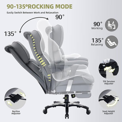 Efomao Big and Tall Office Chair with Footrest – High Back Computer Chair with Adjustable Armrests，Executive Office Chair with Wide Seat, Modern Desk Chair for Home Office, Gaming, or Study, Grey