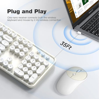 KNOWSQT Wireless Keyboard and Mouse Combo - White-Milky Full-Sized 2.4 GHz 104 Keys Typewriter Cute Keyboard, Round Keycap and Optical Mouse for Windows, Computer, PC, Laptop, Desktop
