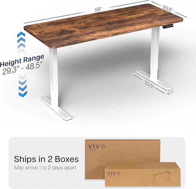 VIVO Electric 60 x 24 in Rustic Standing Desk, Memory Height Adjustment, 1B Series, One-Piece Vintage Brown Top, White Frame, DESK-KIT-1W6N