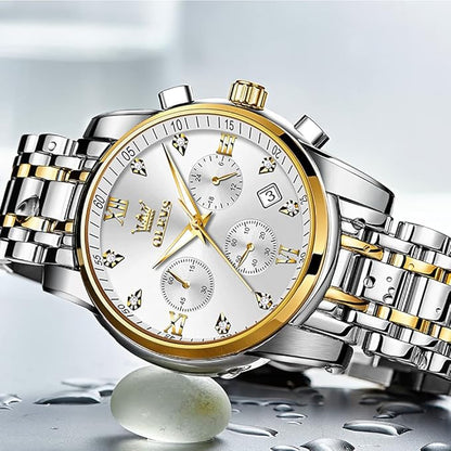 OLEVS Men's Stainless Steel Chronograph Watch, Big Face Gold Silver Black Tone Easy to Read Analog Quartz Watch, Luxury Waterproof Date Diamond Roman Arabic Numerals Dial Dress Watch for Men