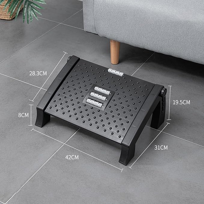 Under Desk Foot Stool Roller Massager Height Adjustable Ergonomic Footrest with Anti Slip Design for Home Office Dorm Plastic 42x31x19.5cm