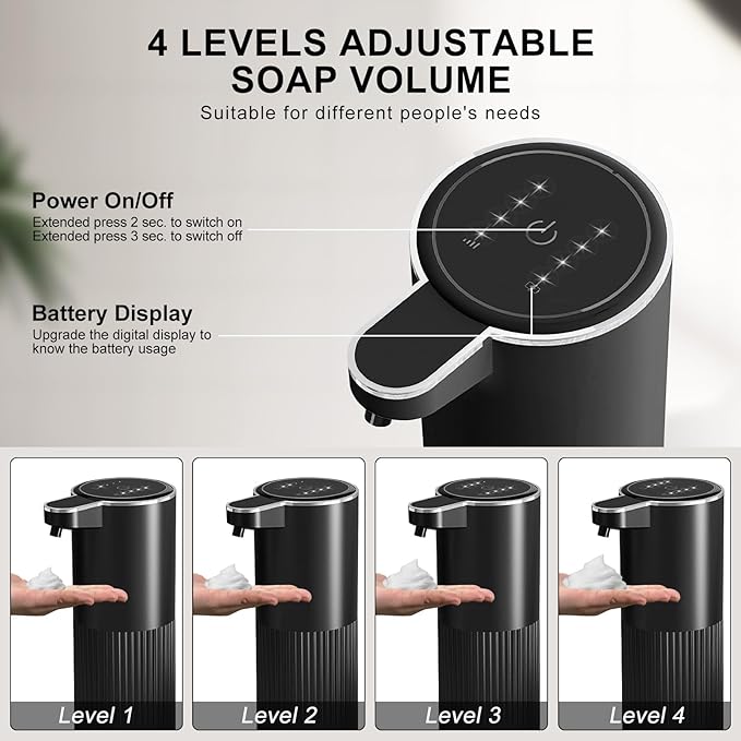 Automatic Foaming Soap Dispenser, 12.2oz/360ml Rechargeable Touchless Hand Soap Dispenser, 4 Level Adjustable with Display, Waterproof Wall Mounted Soap Dispenser for Bathroom Kitchen, Black