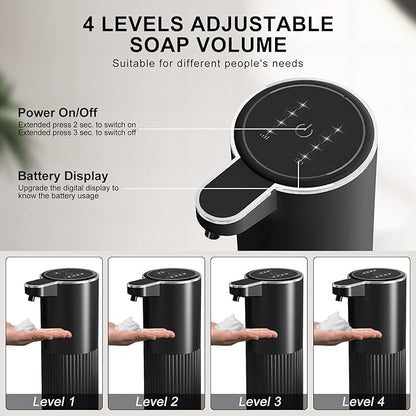 Automatic Foaming Soap Dispenser, 12.2oz/360ml Rechargeable Touchless Hand Soap Dispenser, 4 Level Adjustable with Display, Waterproof Wall Mounted Soap Dispenser for Bathroom Kitchen, Black
