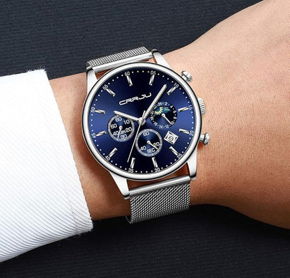 CRRJU Men's Fashion Casual Watches Auto Date Chronograph Watch Men Nice Work Watches Waterproof 30M Full Steel Quartz with Mesh Strap
