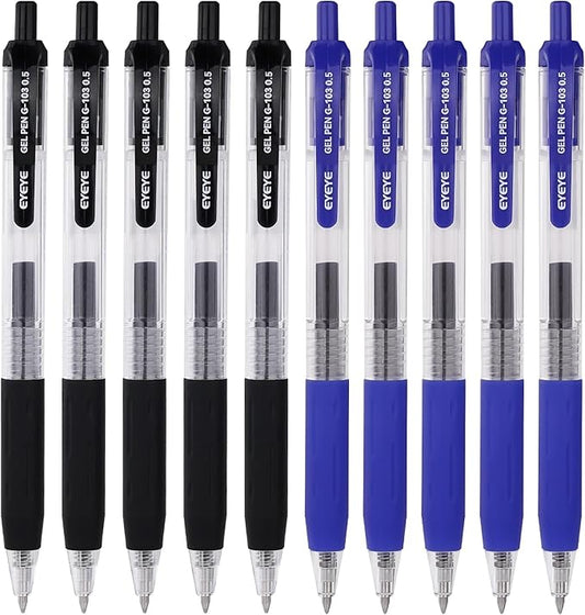 EYEYE G-103 Retractable 0.5mm Gel Pens, 5 Black 5 Blue Extra Fine Point Blue Ink Pens Quick Dry, Ballpoint Pen Fine Point Smooth Writing Pens for Office School Supplies