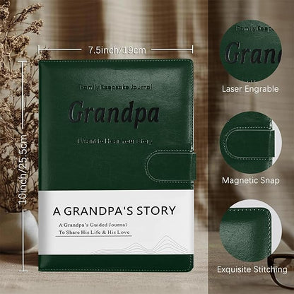 Artmag Grandpa's Life Story Journal with 250+ Prompt Questions, Family Keepsake Book Leather Cover for Grandpa to Share His Memories for Birthday Father's Day Christmas (Dark Green)