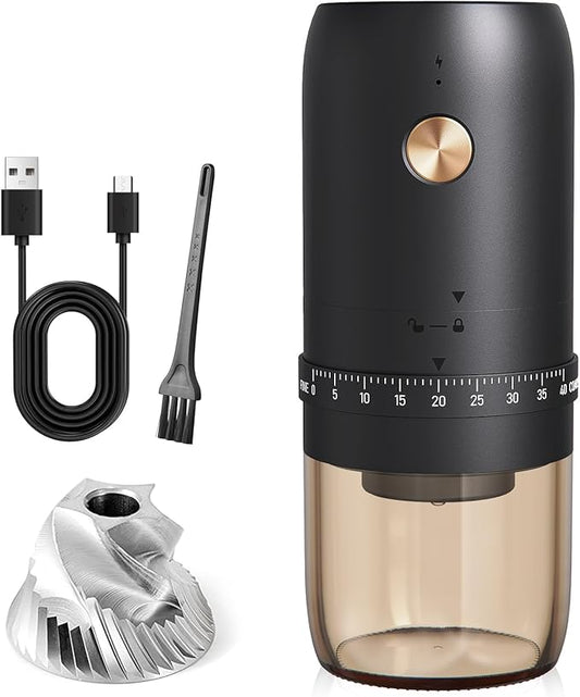 Portable Electric Coffee Grinder， Upgraded External Adjustable 40 Levels Fine to Coarse Settings, Stainless Steel Conical Burr Rechargeable and Faster Grinding for Office,Home,Camping,Travel,Black