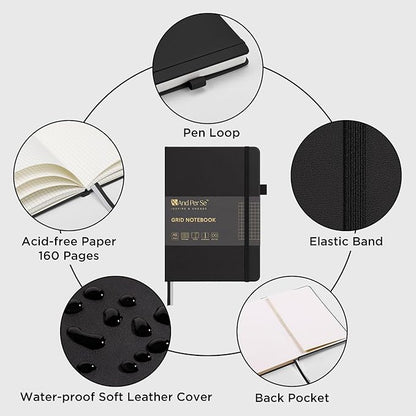 160 Pages, A5 5.7 x 8 inches 100 gsm Thick Paper Notebook Journals for Writing, Grid Hardcover Notebook(1 Pack, black)