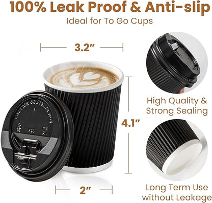 Fit Meal Prep 250 Pack 8 oz Black Disposable Coffee Cups with Lids & Stirrers, Corrugated Triple Wall To Go Hot Cups, Insulated Paper Coffee Cups for Hot Beverages, Travel, Home, Office (Black Lids)