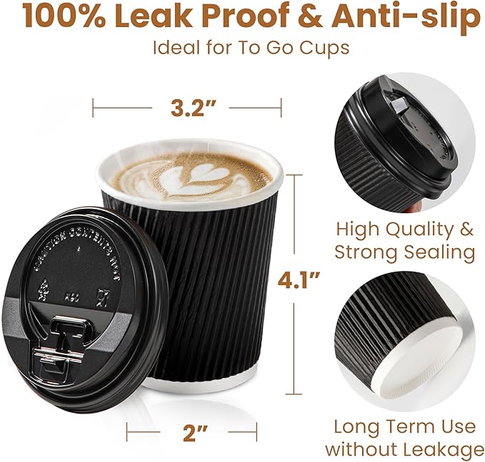 Fit Meal Prep 50 Pack 8 oz Black Disposable Coffee Cups with Lids & Stirrers, Corrugated Triple Wall To Go Hot Cups, Insulated Paper Coffee Cups for Hot Beverages, Travel, Home, Office (Black Lids)