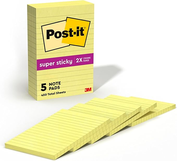 Post-it Super Sticky Notes, 4x6 in, 5 Pads, 2X The Sticking Power, Canary Yellow, Recyclable