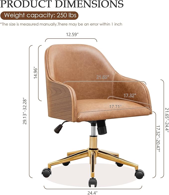 Genuine Leather Office Desk Chair, Adjustable Height Small Modern Comfortable Walnut Vanity Chair, Gold Legs Mid Back 360 Swivel for Home Office, Bedroom, Study, Meeting Room(Vintage Brown)