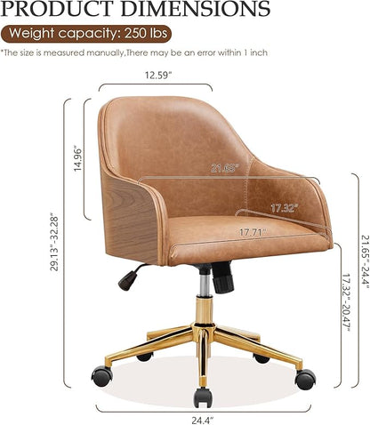 Genuine Leather Office Desk Chair, Adjustable Height Small Modern Comfortable Walnut Vanity Chair, Gold Legs Mid Back 360 Swivel for Home Office, Bedroom, Study, Meeting Room(Vintage Brown)