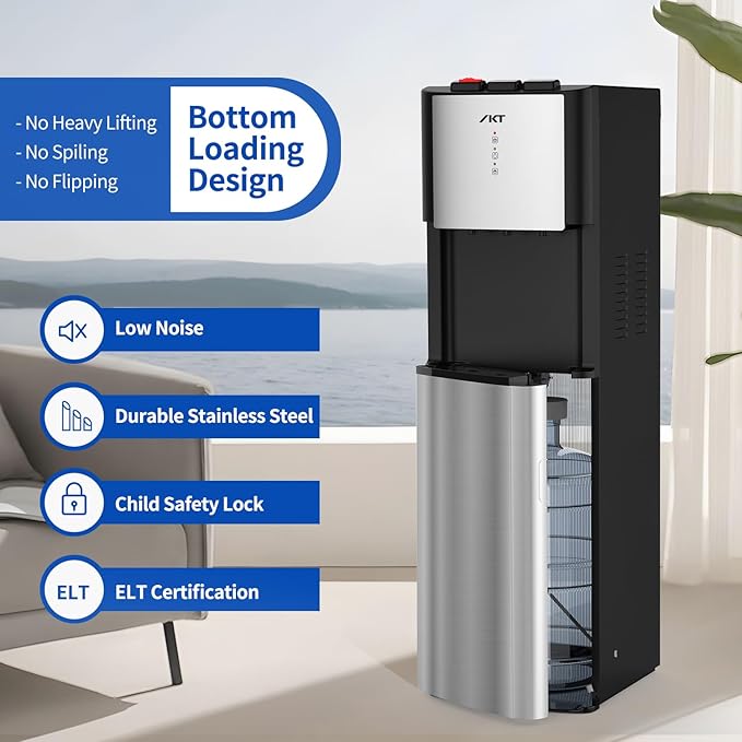 IKT Self-Cleaning Bottom Load Water Cooler Dispenser for 3-5 Gallon Bottle with Child Safety Lock Display Light Stainless Steel