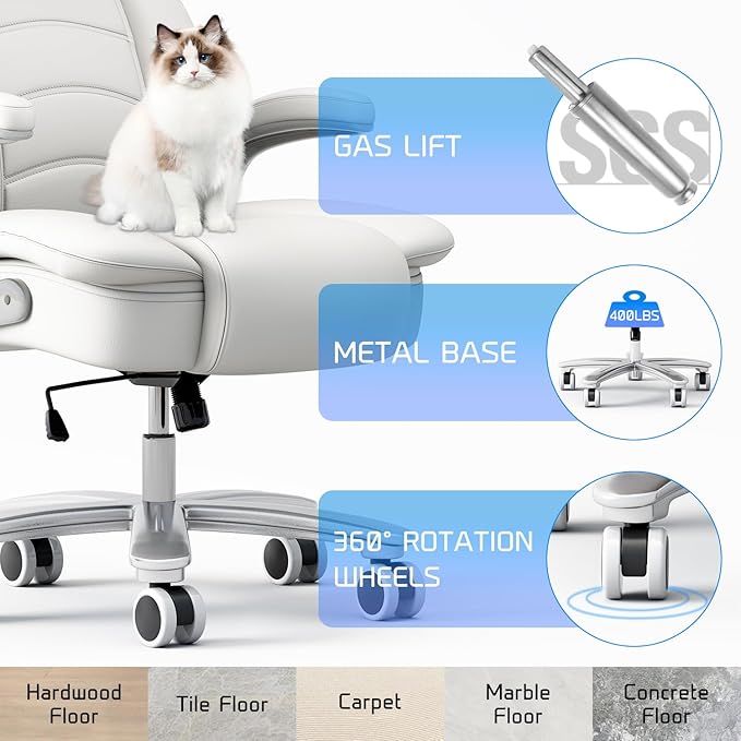 GYI Big and Tall Office Chair 400lb Wide Seat, Ergonomic High Back Leather Executive Desk Chair with Flip-up Arms, White