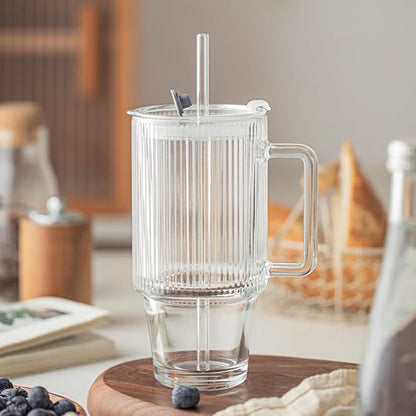 24oz Ribbed Glass Cups with Lids and Straws,Glass Tumbler with Handle,2 set–Reusable Glass Ice Coffee Cups with Lid and Straw for Smoothies,Tea,Juice,Boba Cup for Cold & Hot Drinks,Travel Cup