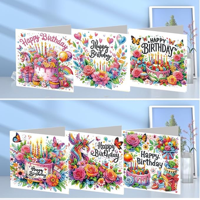 6PCS Diamond Art Painting Greeting Cards,Happy Birthday Cards with Envelopes,DIY Card Making Kits Thank You Card Arts Crafts for Birthday