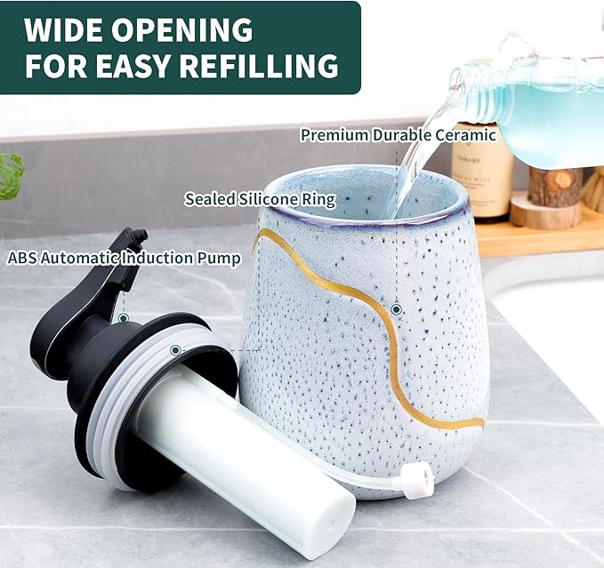 BosilunLife Automatic Foaming Soap Dispenser - Touchless Foam Hand Wash Dispenser for Bathroom Ceramic Smart Electric Auto Dish Soap Dispenser Waterproof, USB C Rechargeable, 17 oz, Speckled Blue