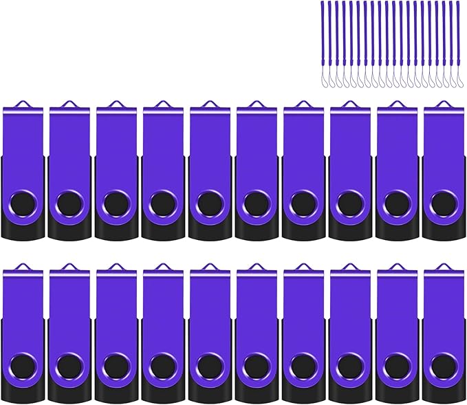 EASTBULLUSB Flash Drive Bulk 16GB 20 Pack with Lanyards USB 2.0 Thumb Drive Bulk Memory Stick Swivel Pen Drive for Storage and Backup 16GB 20 Pack, Purple