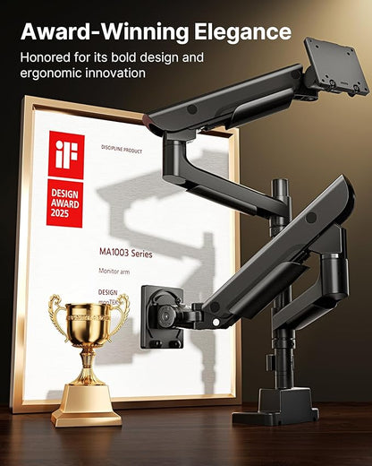 monTEK Sleek Aluminum Monitor Arm for 17–57” Ultrawide Screens up to 59 lbs, USB 3.0 A/C, Heavy Duty Dual Monitor Arm Desk Mount, Pneumatic Lift, Quick-Release Plate, Clamp/Grommet, Max VESA 100x100