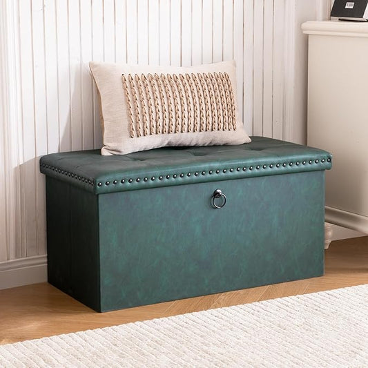 Folding Storage Ottoman Bench, Leather Foot Rest Stools with Rivet Design, 15" D x 30" W x 15" H, Ottoman with Storage End of Bed Bench Footstool for Living Room Bedroom, Load 330 lb, Green