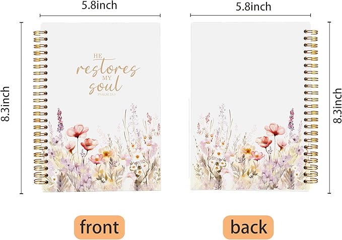 Christian Notebook for Women, Christian Art Gifts Journal, Prayer Journal for Women, Bible Journaling Notebook, PSALM 23:3 He Restores My Soul Floral Spiral Notebook 5.5x8.3