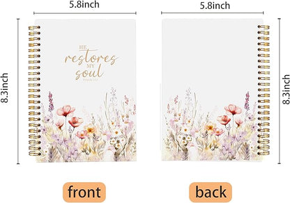 Christian Notebook for Women, Christian Art Gifts Journal, Prayer Journal for Women, Bible Journaling Notebook, PSALM 23:3 He Restores My Soul Floral Spiral Notebook 5.5x8.3