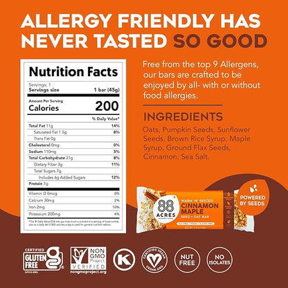 88 Acres Granola Bars | Gluten Free, Nut-Free Oat and Seed Snack Bar | Vegan & Non GMO | 12 Pack (Cinnamon Maple)
