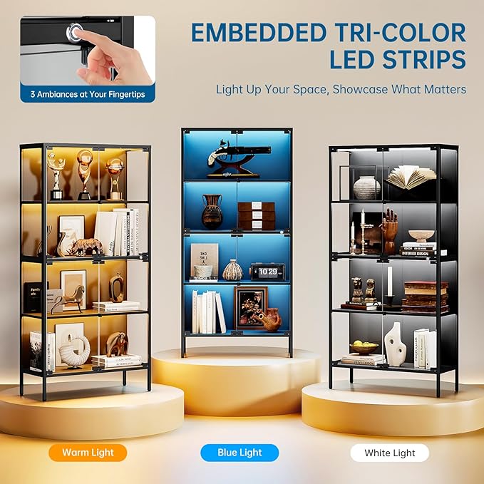 65" Glass Display Cabinet with 3-Color LED Light, Tempered Glass Display Case with 4-Tier Shelves, Metal Frame Curio Storage Cabinet for Collectibles, Figures, Awards, Book, Toy, Black