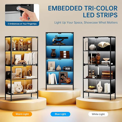 65" Glass Display Cabinet with 3-Color LED Light, Tempered Glass Display Case with 4-Tier Shelves, Metal Frame Curio Storage Cabinet for Collectibles, Figures, Awards, Book, Toy, Black