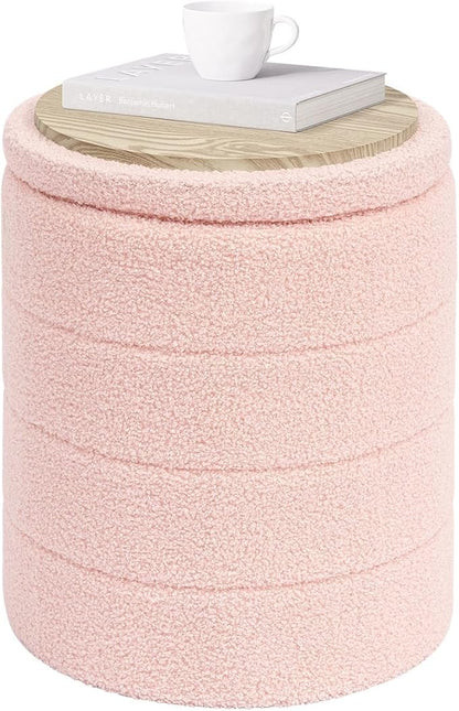 PINPLUS Round Storage Ottoman Foot Rest Stool with Tray Velvet Sherpa Folding Storage Ottoman,Boucle Foot Rest for Living Room, Bedroom, Dorm（Pink）