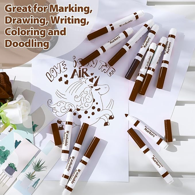 Janlaugh 36 Pcs Dark Brown Washable Markers Bulk Coloring Broad Line Markers for Kids Dark Brown Conical Tip Drawing Pen for School, Travel Art Baby Shower Gender Reveal Party Supplies, Ages 6+