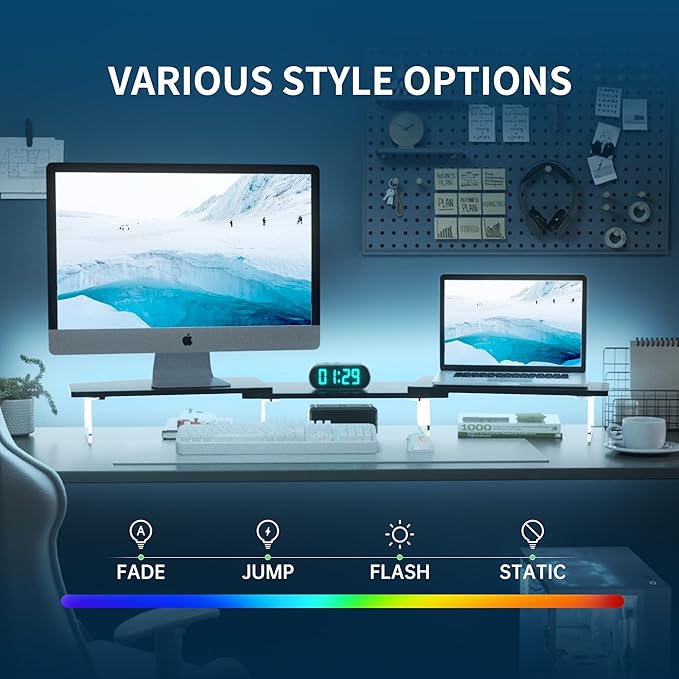 LED Dual Monitor Stand Riser for 2 Monitors, Office Desktop Wooden Stand Adjustable Length and Angle 3 Shelf, Extra Long Multifunctional Stand up to 44.4" for Computer, Laptop, TV, Black