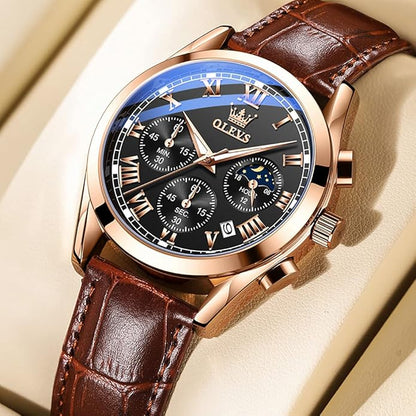 OLEVS Men's Leather Analog Quartz Watch - Luxury Chronograph Wristwatch With Date, Waterproof, Luminous - Dress Style