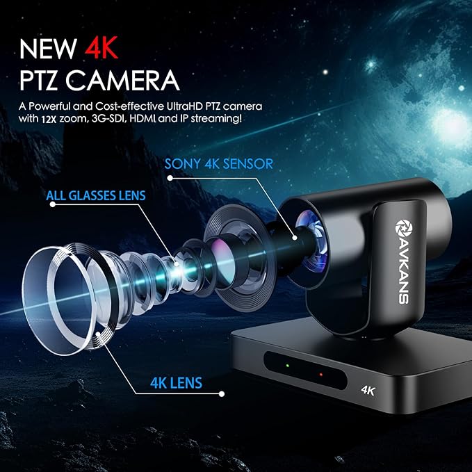 AVKANS 4K PTZ Camera NDI HX2, HDMI SDI POE PTZ Camera with IP Live Streaming for Church Worship Live Events,PoE Support(4K 30FPS)