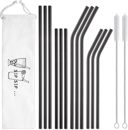 Hiware 12-Pack Black Stainless Steel Straws Reusable with Case - Metal Drinking Straws for 30oz and 20oz Tumblers Dishwasher Safe, 2 Cleaning Brushes Included