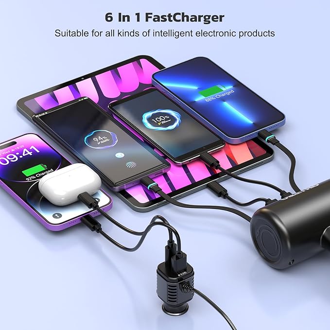 OHLPRO Car Back Seat Charger with Retractable Cables, Headrest Mount Phone Tablet Charger with USB-C PD30W & iOS PD20W Wires, 4-Port Adapter for Uber Taxi Rideshare, with Cigarette Lighter Plug